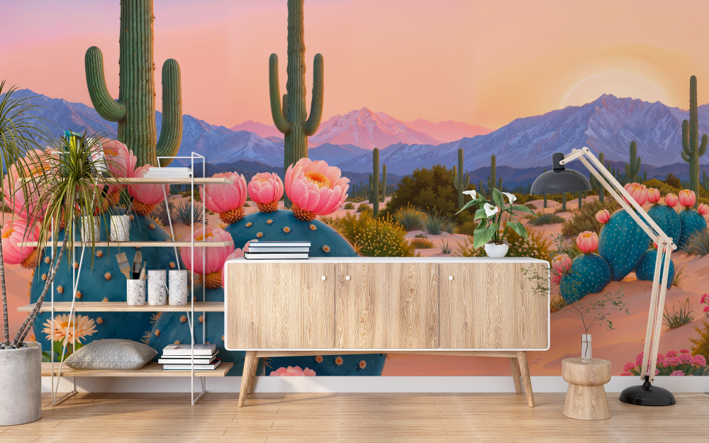 Papier peint déserts - cactus au coucher du soleil