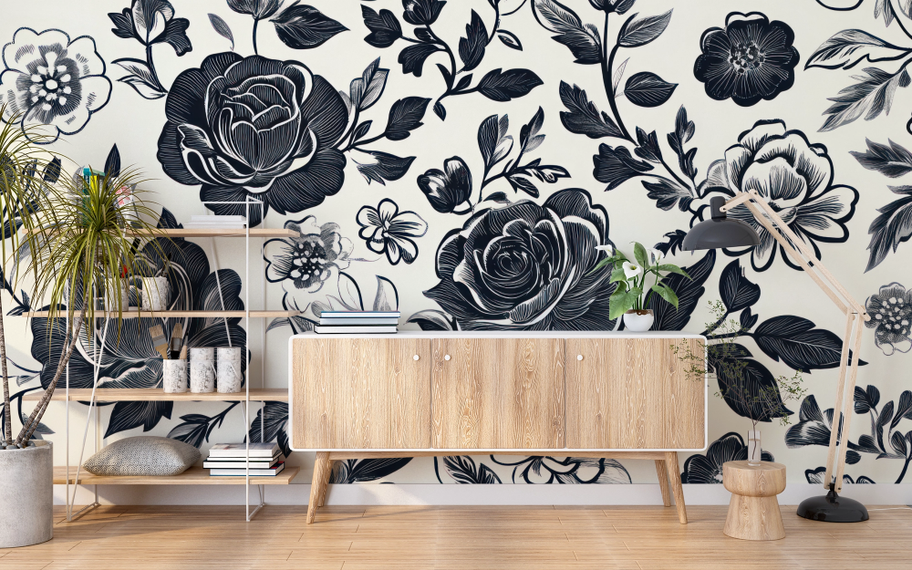 Papier peint fleuri - tapisserie roses sombres
