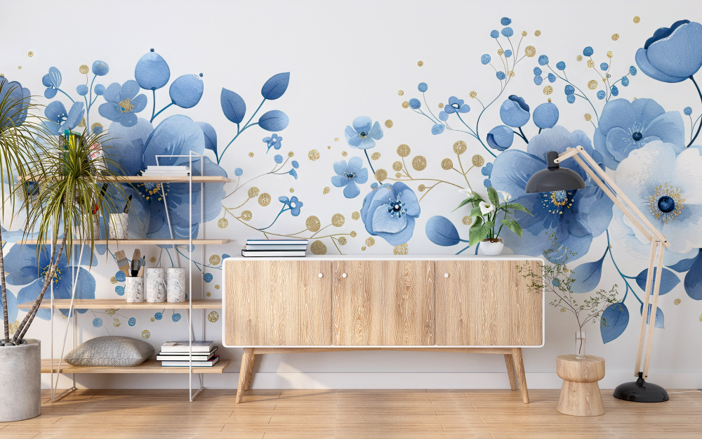 Papier peint fleuri - fleurs bleues dorées