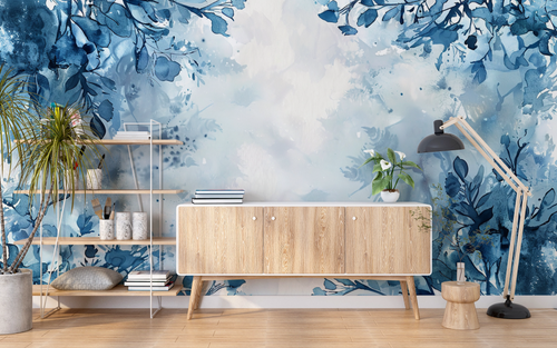 Floral wallpaper - blue watercolor mist