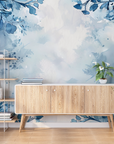 Papier peint fleuri - brume aquarelle bleue