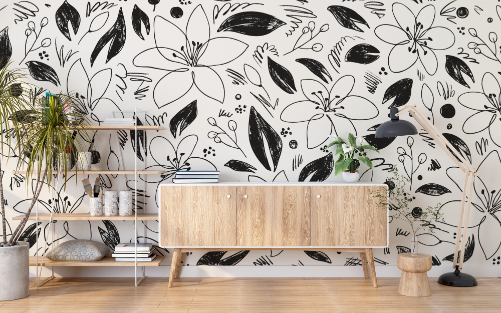 Papier peint fleuri - croquis feuillage noir et blanc