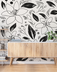 Papier peint fleuri - croquis feuillage noir et blanc