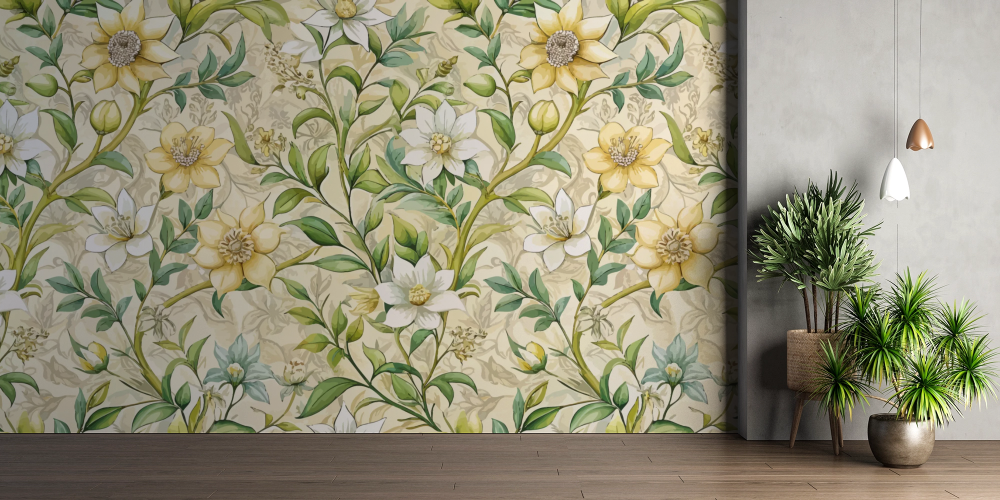 Papier peint fleuri - tapisserie rétro de roses blanches