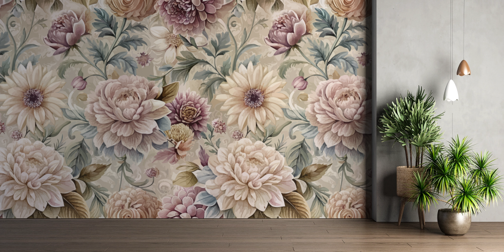 Papier peint fleuri - dahlia d'antan rétro