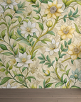 Papier peint fleuri - tapisserie rétro de roses blanches