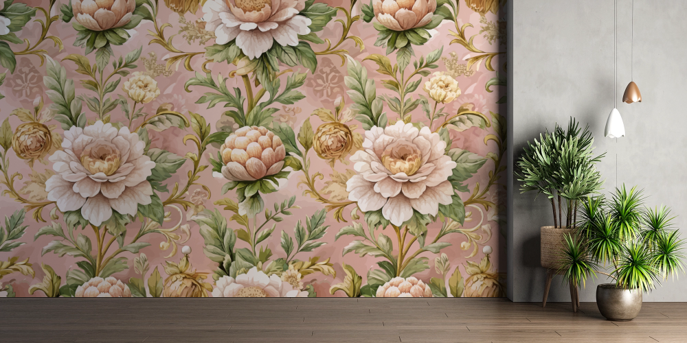Papier peint fleuri - pivoines roses romantiques