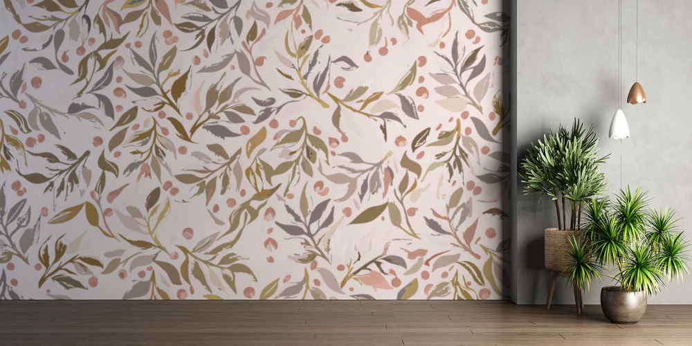 Papier peint fleuri - feuillage vintage pastel