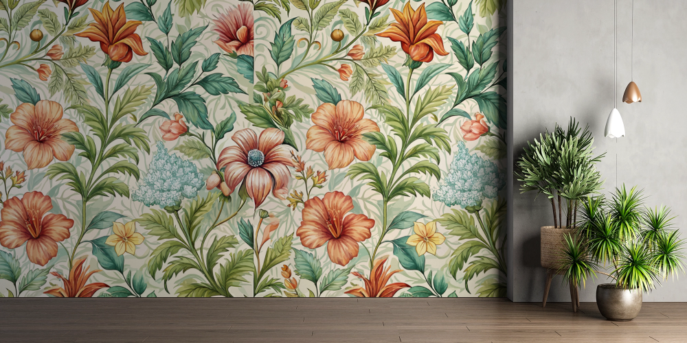 Papier peint fleuri - tapisserie pivoines rétro