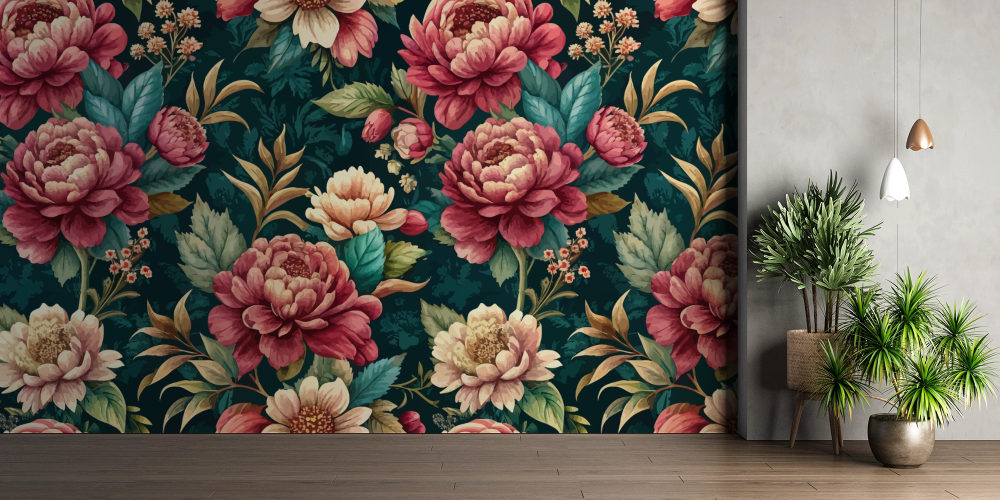 Papier peint fleuri - tapisserie pivoines sombres