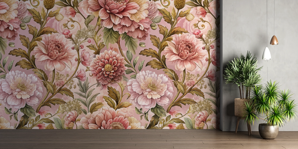 Papier peint fleuri - pivoines vintage pastel