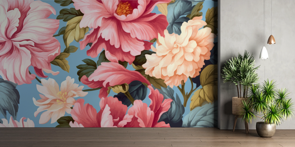 Papier peint fleuri - pivoines multicolores rétro