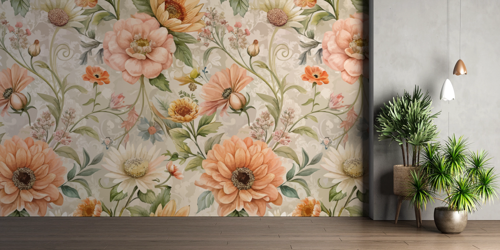 Papier peint fleuri - motif vintage de pivoines saumon