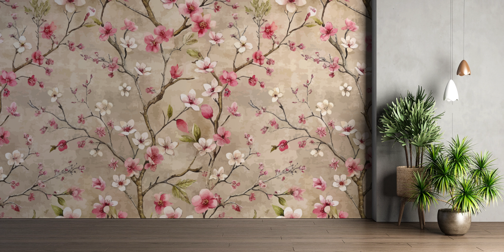 Papier peint fleuri - cerisier japonais vintage