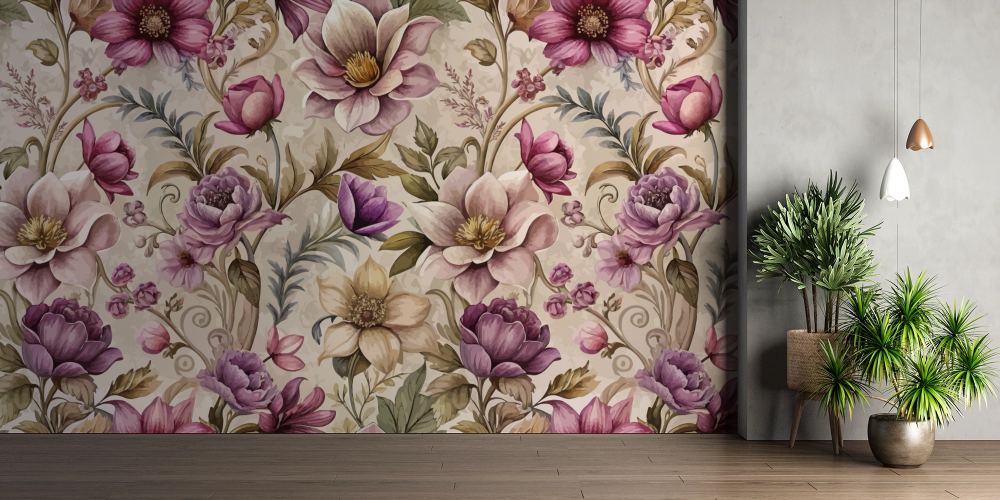 Papier peint fleuri - pivoines baroques violettes