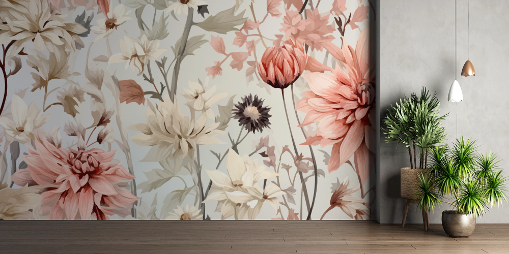 Papier peint fleuri - dahlia pastel rétro