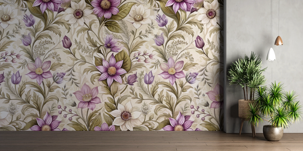 Papier peint fleuri - tapisserie lilas vintage
