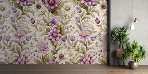 Papier peint fleuri - tapisserie lilas vintage