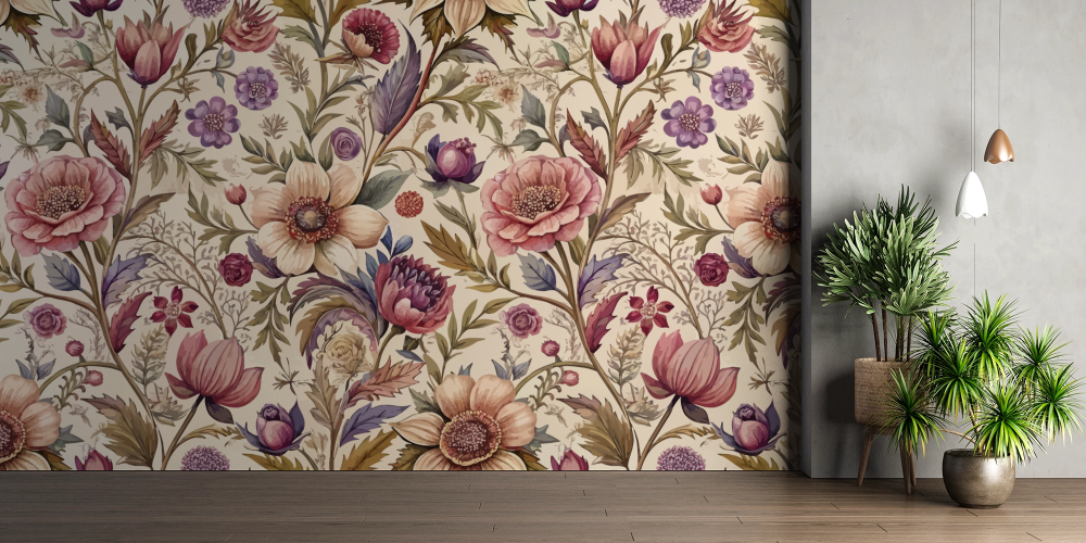 Papier peint fleuri - tapisserie dahlia baroque