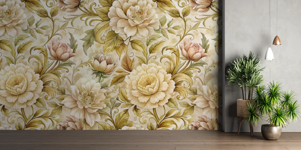 Papier peint fleuri - pivoines dorées classiques