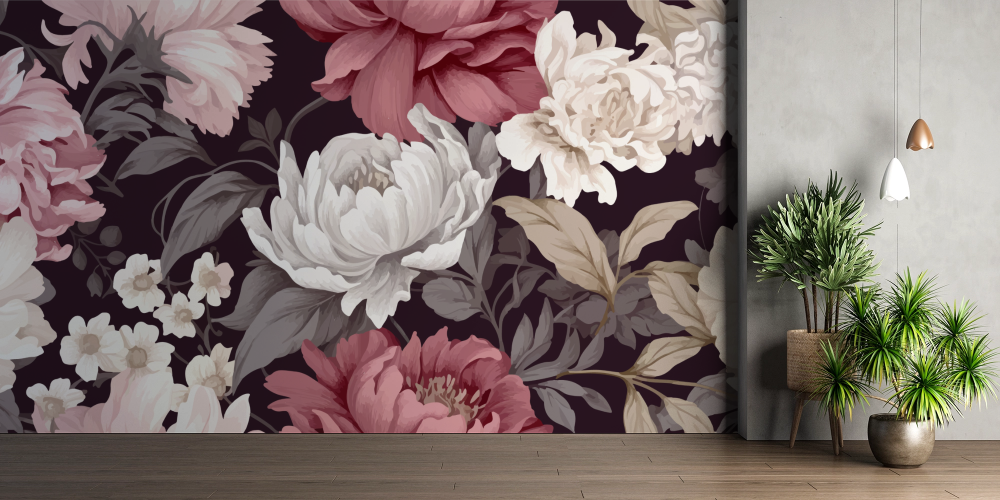 Papier peint fleuri - pivoines d'antan sombres