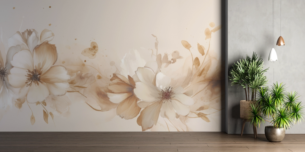 Papier peint fleuri - pivoines sépia aquarelle