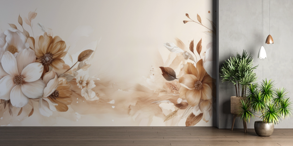 Papier peint fleuri - bouquet crème aquarelle