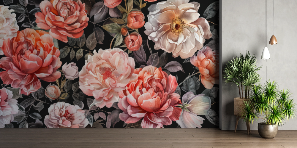 Papier peint fleuri - pivoines saumon baroques
