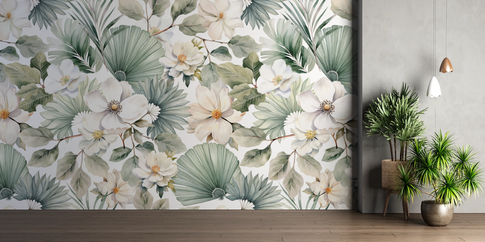 Papier peint tropical - feuillage blanc et palmes