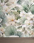 Papier peint tropical - feuillage blanc et palmes