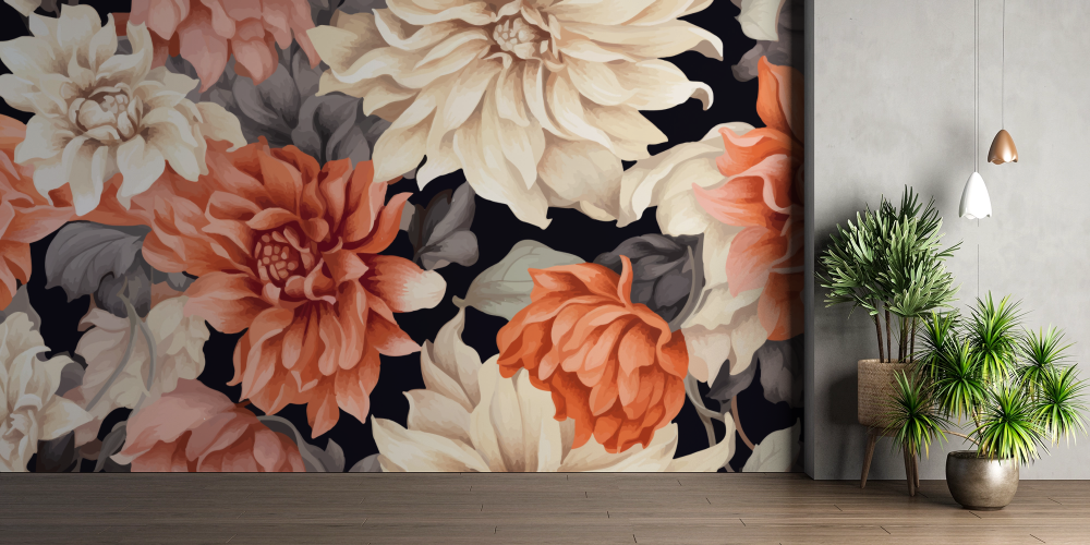 Papier peint fleuri - dahlias et chrysanthèmes d'automne