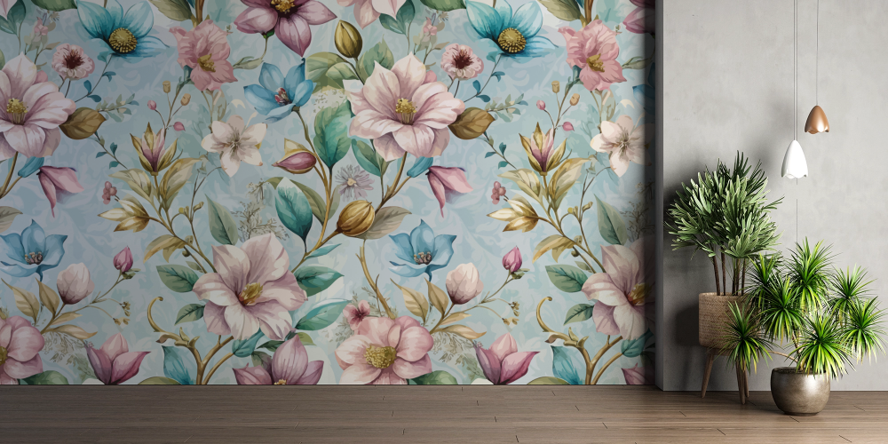 Papier peint fleuri - hortensias bleus rétro