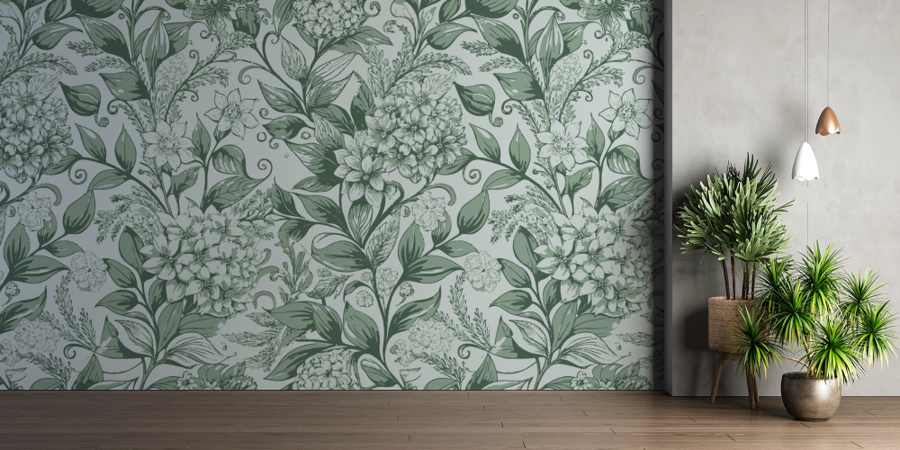 Papier peint fleuri - feuillage classique vert de gris