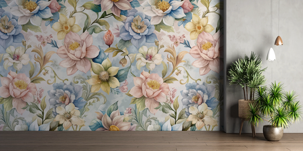 Papier peint fleuri - bouquet de dahlia bleu azur