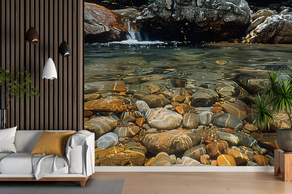 Papier peint cascades - lit de galets sous l'eau claire