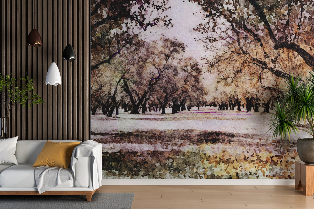 Papier peint campagne - verger aux fleurs blanches