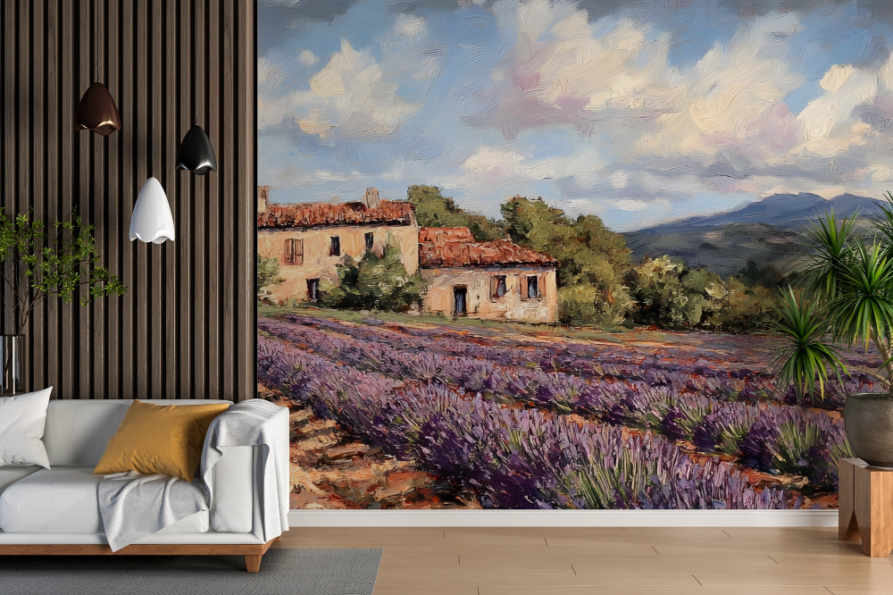 Papier peint campagne - domaine au milieu des lavandes