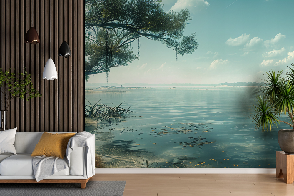 Papier peint campagne - rivage aux arbres côtiers