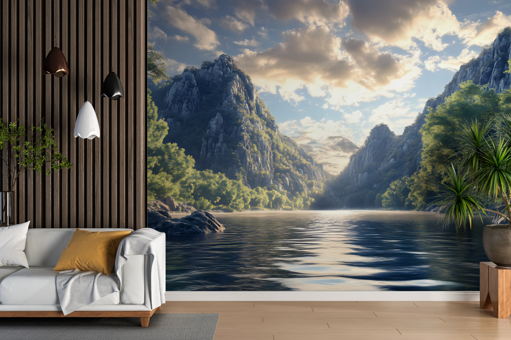 Papier peint campagne - montagnes et lac miroir