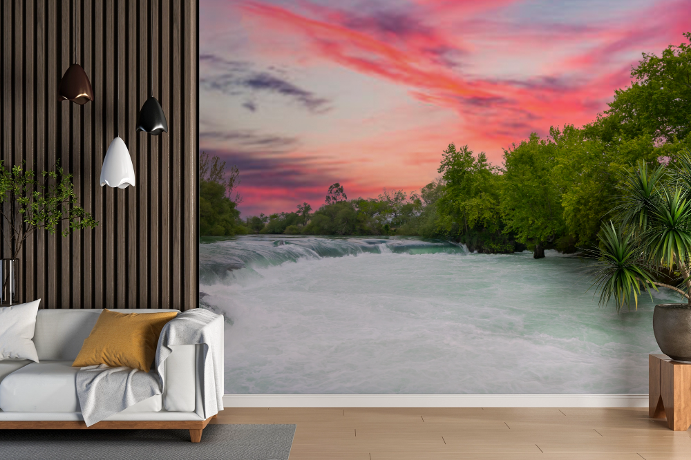 Papier peint cascades - rivière au coucher du soleil