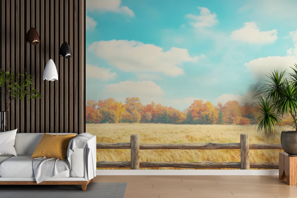 Papier peint campagne - barrière de bois en automne