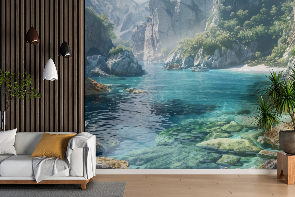 Papier peint cascades - lagon turquoise de montagne