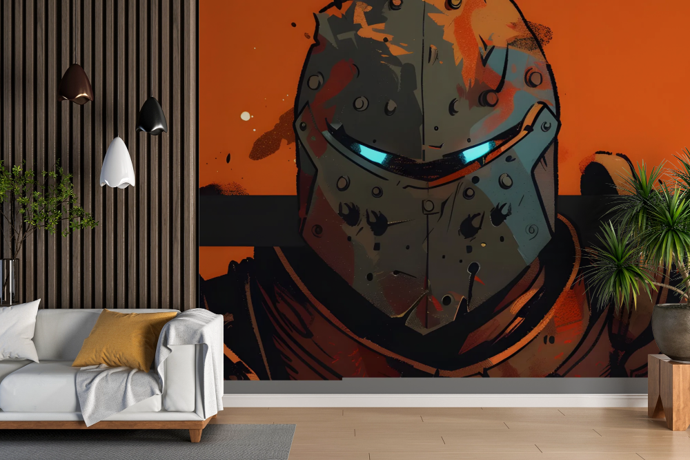 Papier peint pop art - guerrier armé sur fond orange