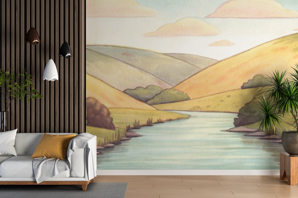 Papier peint campagne - rivière illustrée des vallons