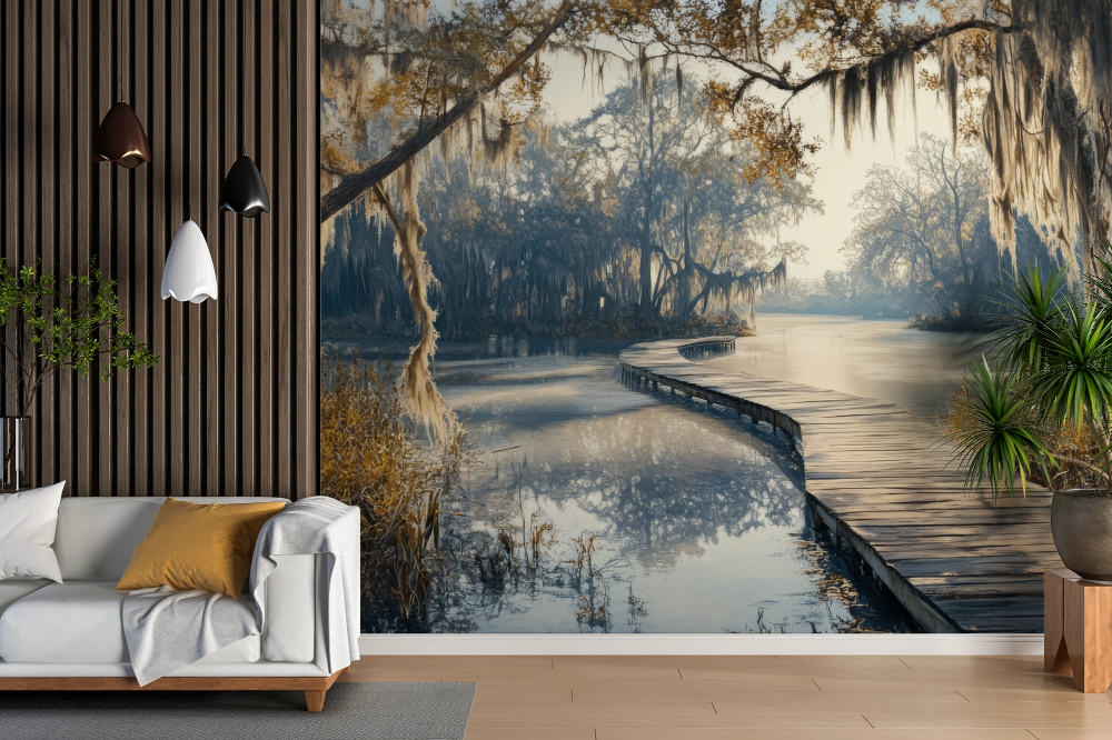 Papier peint forêt - bayou mystique aux arbres moussous