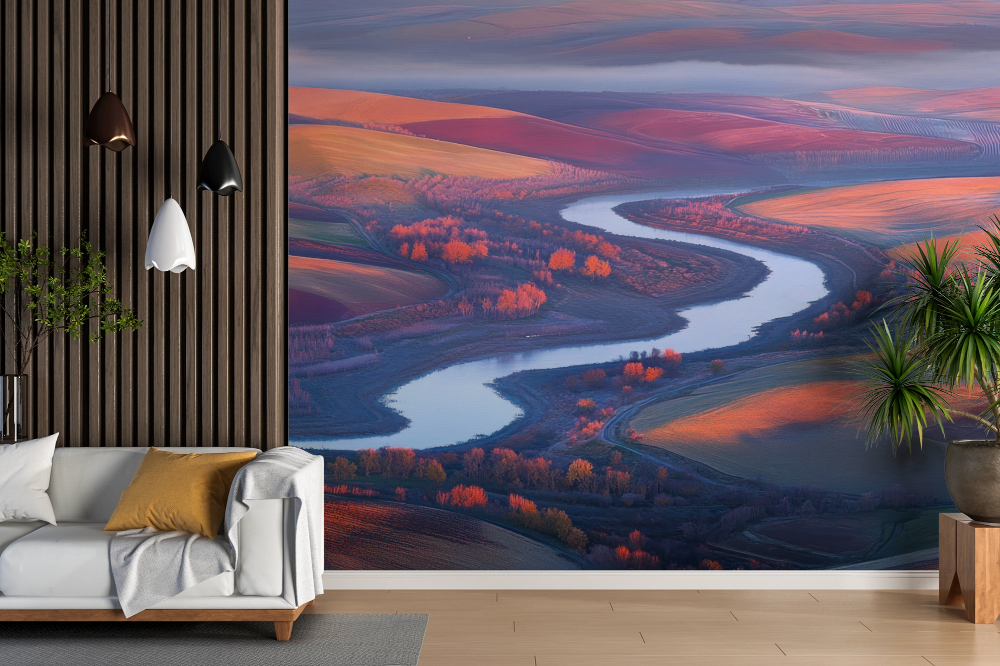 Papier peint campagne - fleuve serpentant dans les collines