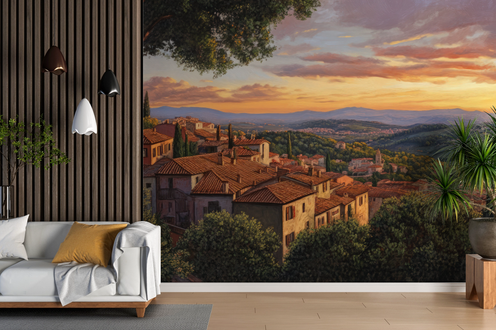 Papier peint campagne - village toscan au crépuscule