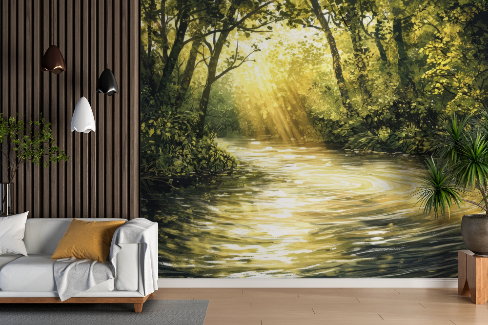 Papier peint cascades - torrent illuminé sous bois