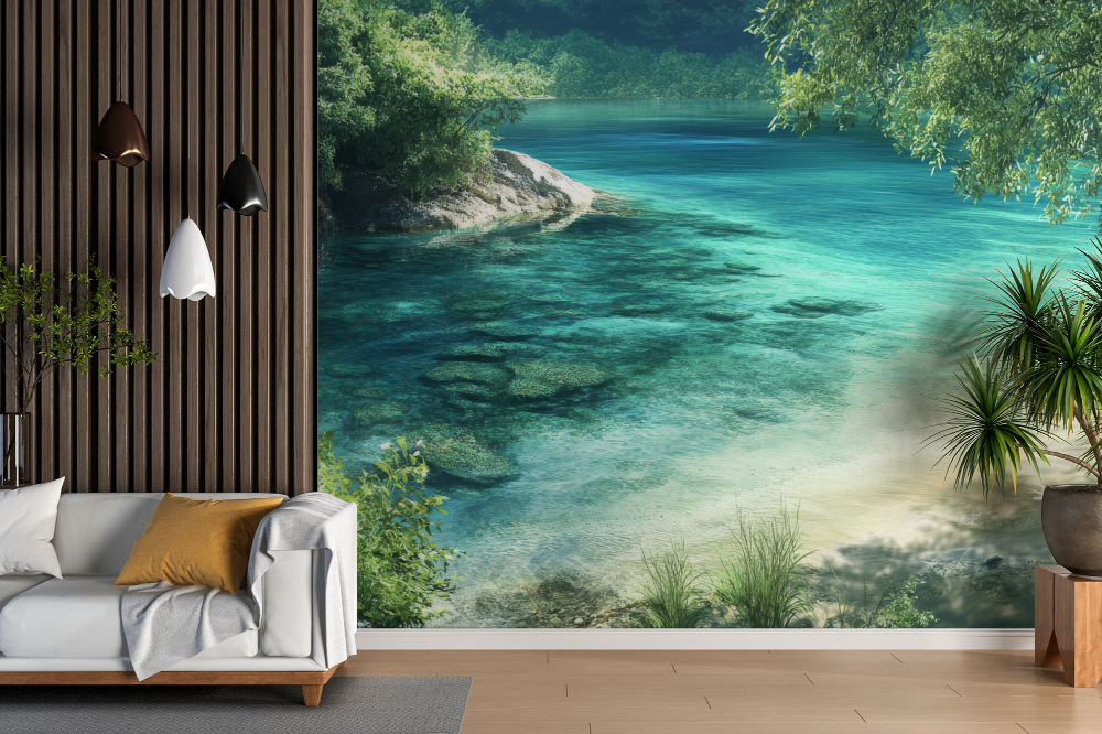 Papier peint cascades - plage de lagon turquoise
