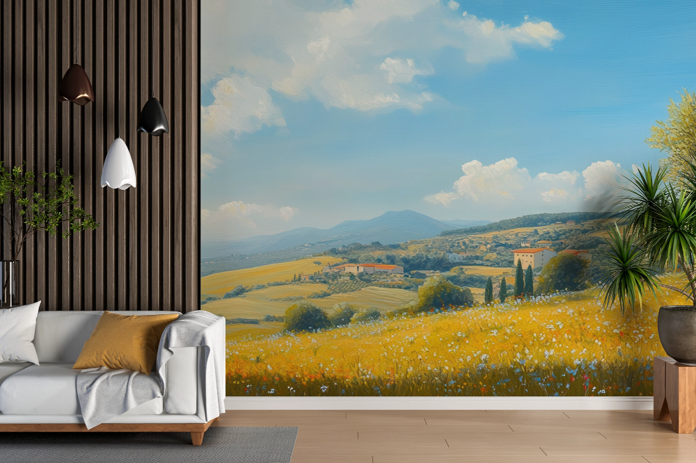 Papier peint campagne - horizon d'oliviers et herbes folles